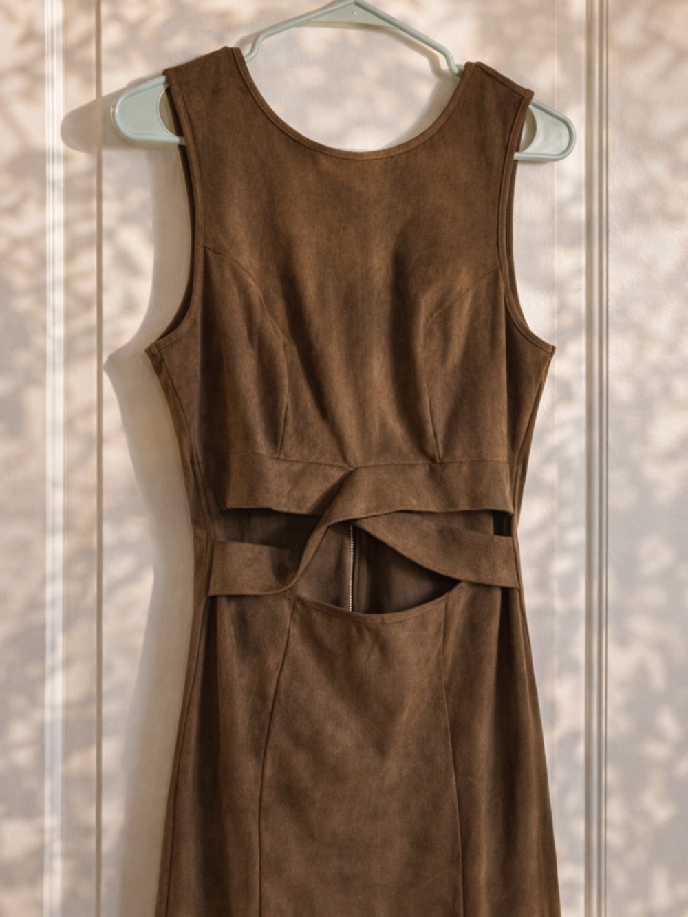 GUESS Brown Faux Suede Cut Out Mini Dress Gold Zip Size M NWT
